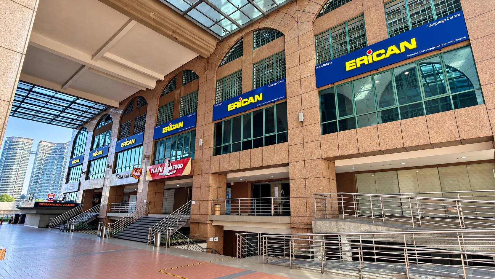 Erican Language Centre exterior with its blue and yellow signs